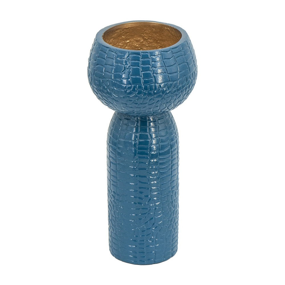 Dany Vase, Crocodile Texture, Watertight Base, 10 Inch Blue Aluminum