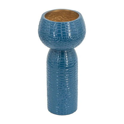 Dany Vase, Crocodile Texture, Watertight Base, 10 Inch Blue Aluminum
