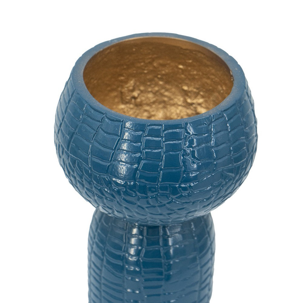 Dany Vase, Crocodile Texture, Watertight Base, 10 Inch Blue Aluminum