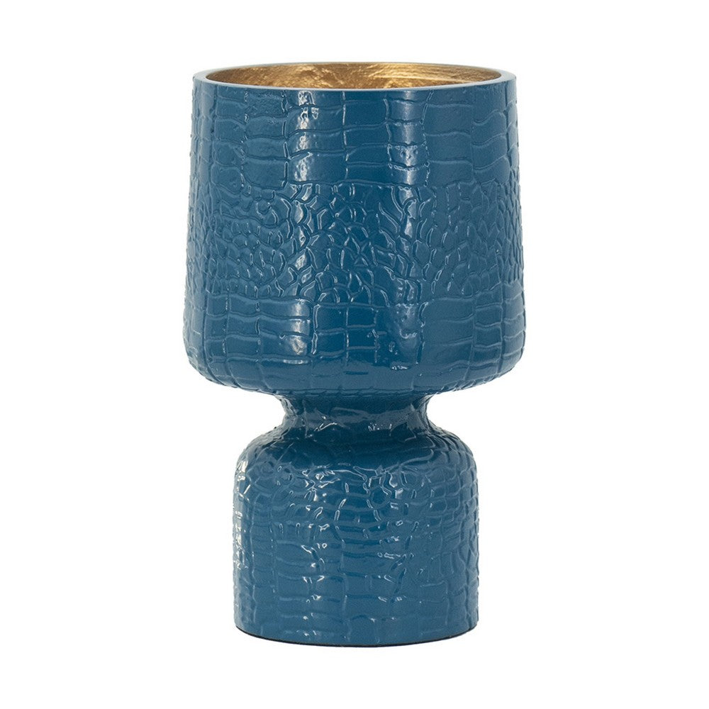 Dany Vase, Crocodile Texture, Watertight Base, 8 Inch Blue Aluminum