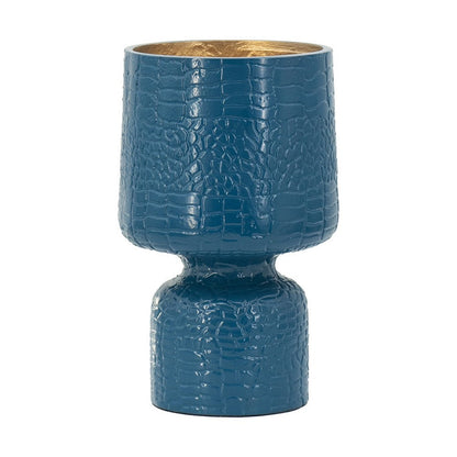 Dany Vase, Crocodile Texture, Watertight Base, 8 Inch Blue Aluminum