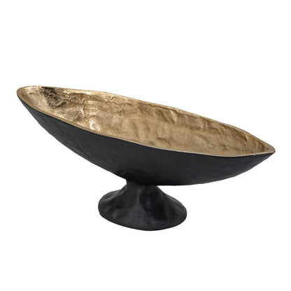 Decorative Bowl, 14 Inch Oval Shape with Pedestal Stand, Black, Gold