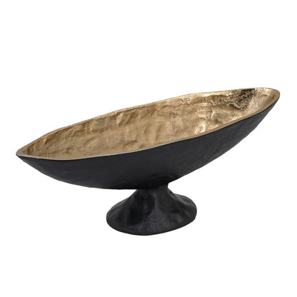 Decorative Bowl, 14 Inch Oval Shape with Pedestal Stand, Black, Gold