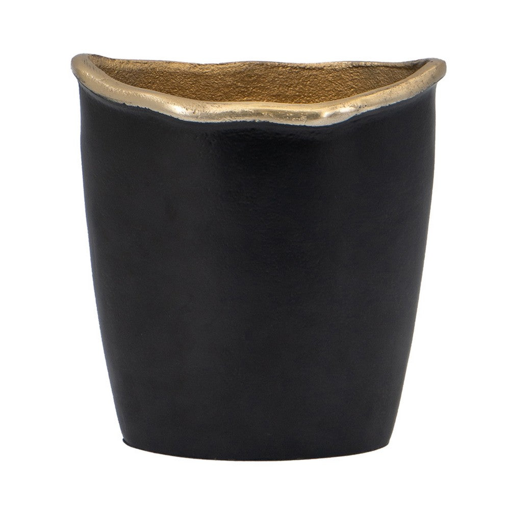 Decorative Vase, 8 Inch Curved Rim Edge Aluminum Black and Gold