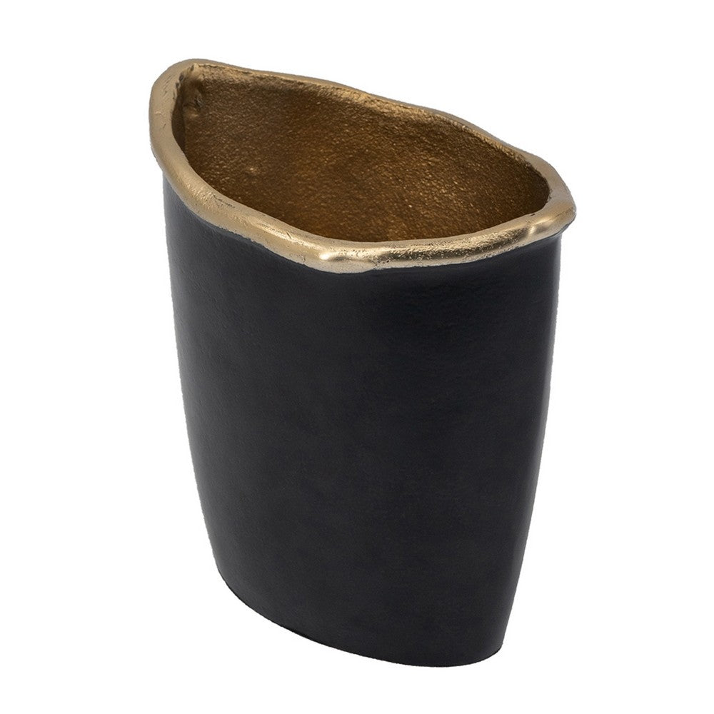 Decorative Vase, 8 Inch Curved Rim Edge Aluminum Black and Gold