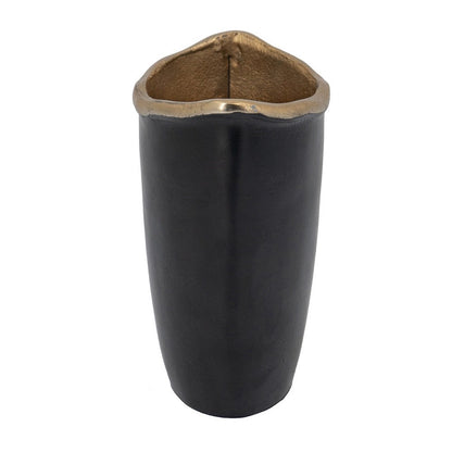 Decorative Vase, 8 Inch Curved Rim Edge Aluminum Black and Gold