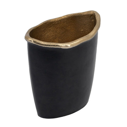 Decorative Vase, 8 Inch Curved Rim Edge Aluminum Black and Gold