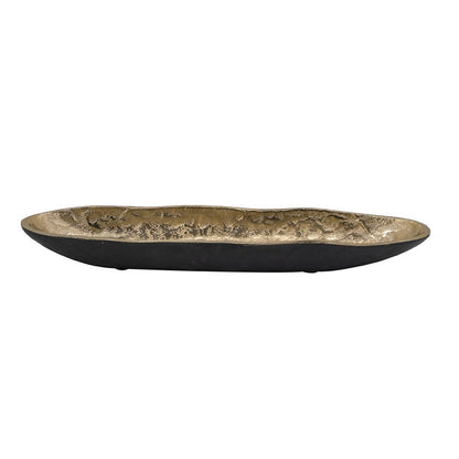 Decorative Bowl, 16 Inch Long Oval Shape, Luxe Black and Gold Aluminum