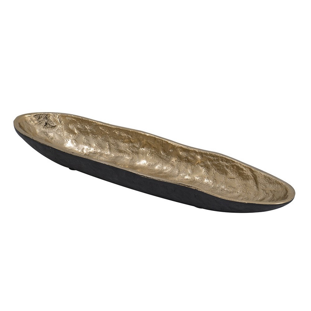 Decorative Bowl, 16 Inch Long Oval Shape, Luxe Black and Gold Aluminum