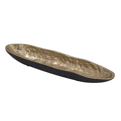Decorative Bowl, 16 Inch Long Oval Shape, Luxe Black and Gold Aluminum