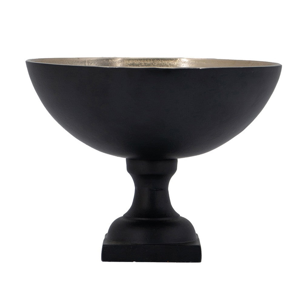 Decorative Bowl, 9 Inch Round Footed Design, Black and Gold Aluminum