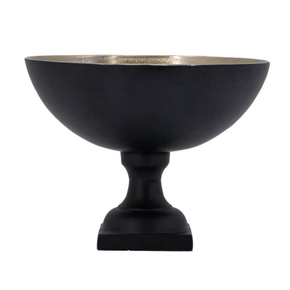 Decorative Bowl, 9 Inch Round Footed Design, Black and Gold Aluminum