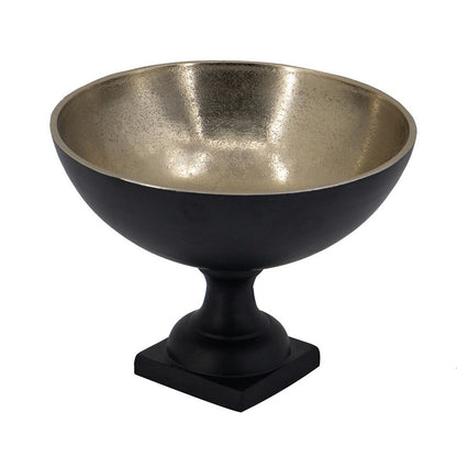 Decorative Bowl, 9 Inch Round Footed Design, Black and Gold Aluminum