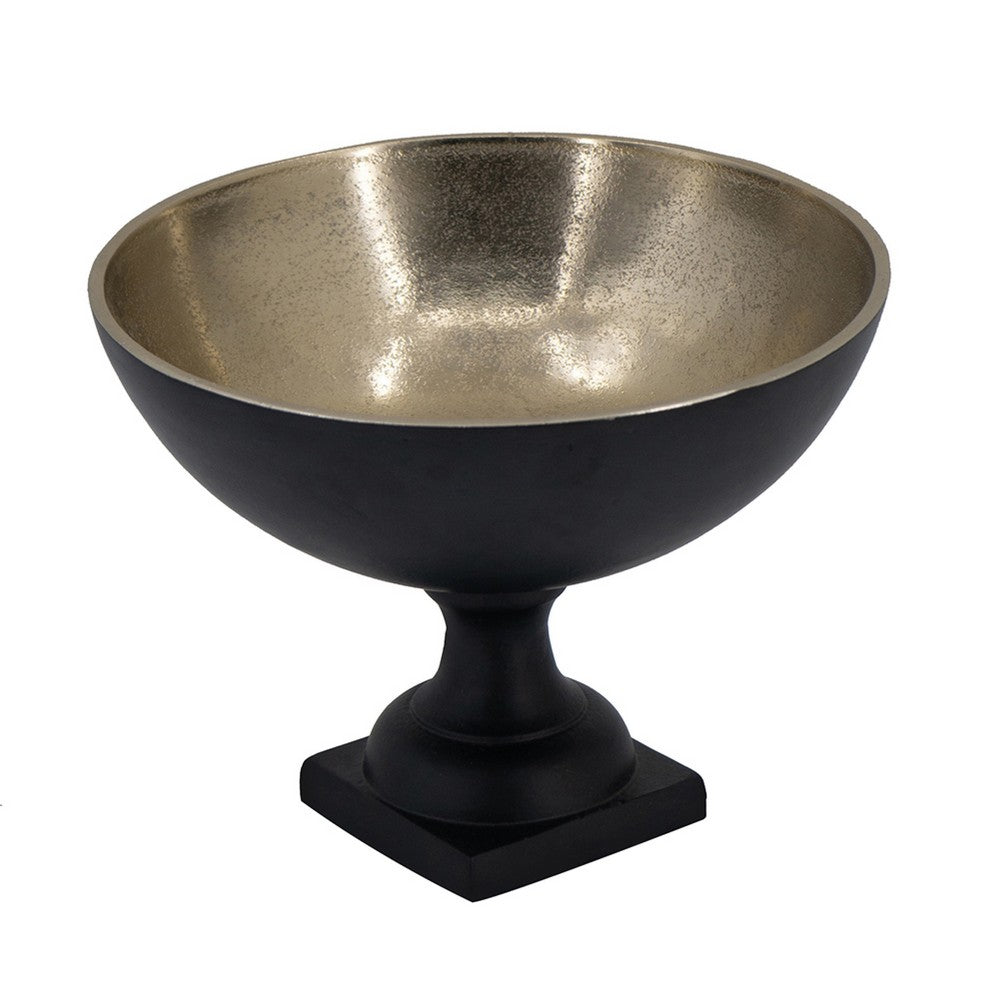 Decorative Bowl, 9 Inch Round Footed Design, Black and Gold Aluminum