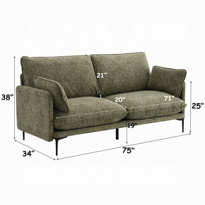 Dima Sofa with 2 Pillows, Green Chenille Upholstered Cushions, 75 Inch