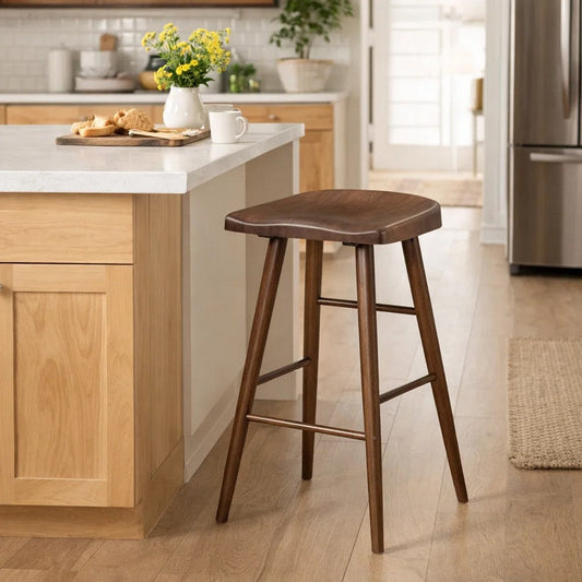 30 Inch Barstool Chair Set of 2, Rounded Silhouette, Brown Wood Legs
