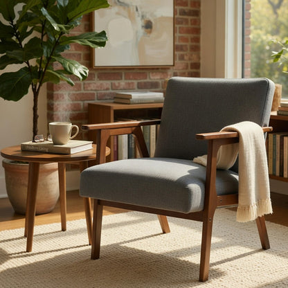 Cathy Accent Club Armchair, Soft Beige, Natural Brown Wood Frame