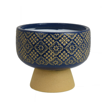 Hea Decorative Planter, Blue Gold Moroccan Pattern Footed Bowl, 9 Inch