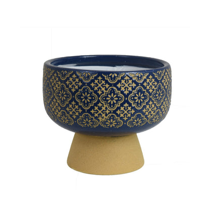 Hea Decorative Planter, Blue Gold Moroccan Pattern Footed Bowl, 9 Inch