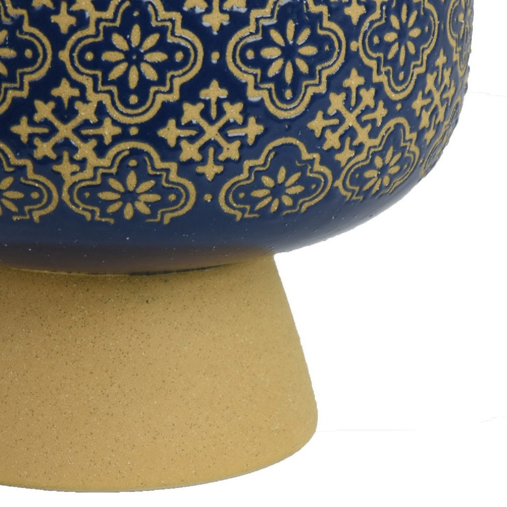 Hea Decorative Planter, Blue Gold Moroccan Pattern Footed Bowl, 9 Inch