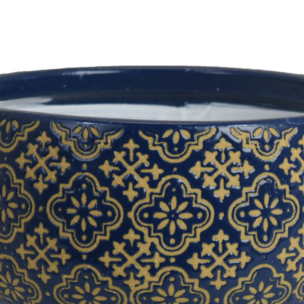 Hea Decorative Planter, Blue Gold Moroccan Pattern Footed Bowl, 9 Inch