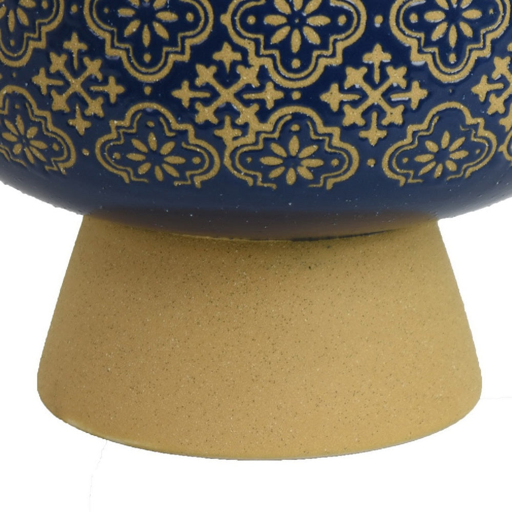 Hea Decorative Planter, Blue Gold Moroccan Pattern Footed Bowl, 9 Inch