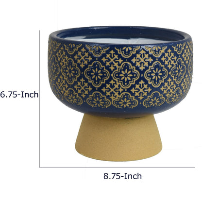 Hea Decorative Planter, Blue Gold Moroccan Pattern Footed Bowl, 9 Inch
