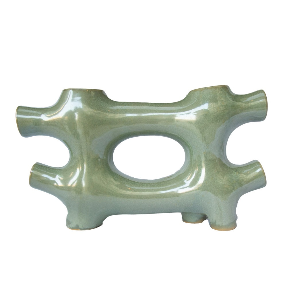 Sculptural Vase Décor, Glazed Abstract Art, 17 Inch Sage Green Ceramic