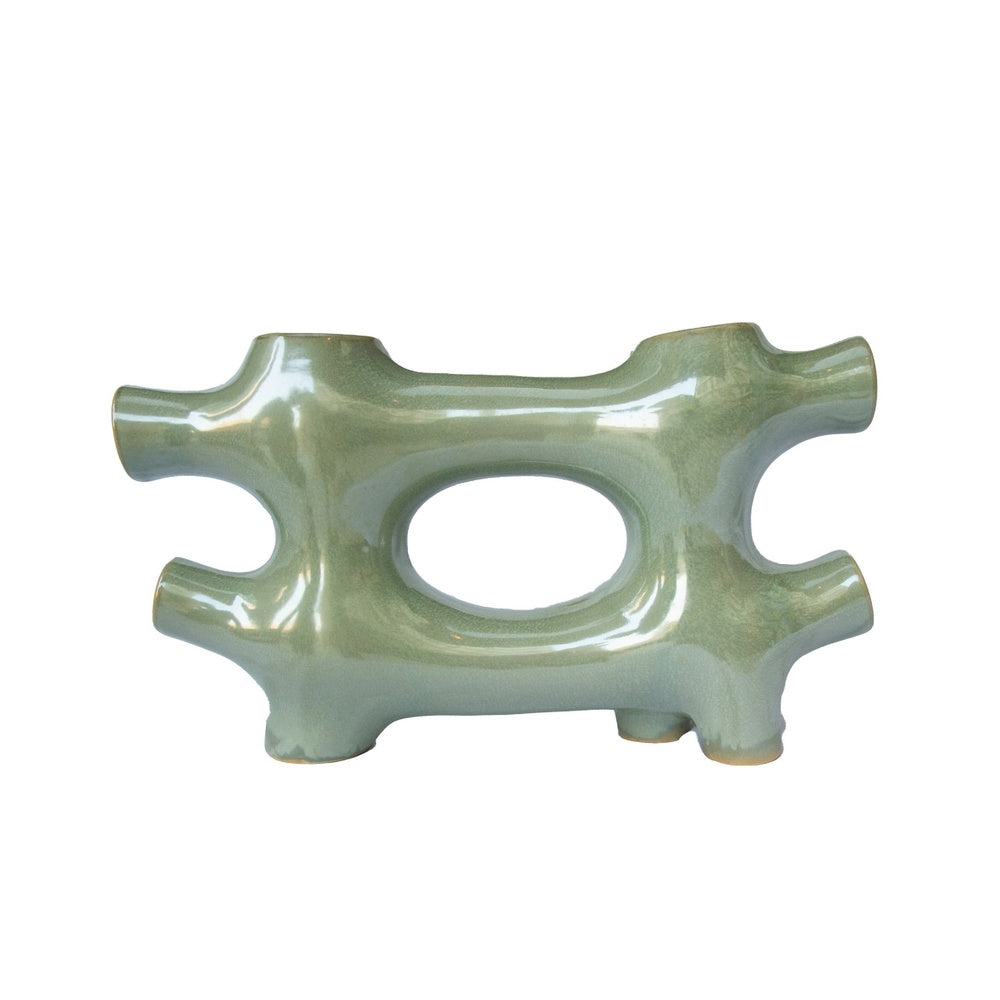 Sculptural Vase Décor, Glazed Abstract Art, 17 Inch Sage Green Ceramic