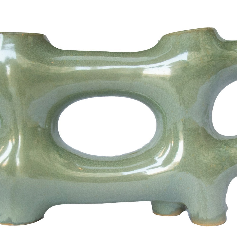 Sculptural Vase Décor, Glazed Abstract Art, 17 Inch Sage Green Ceramic