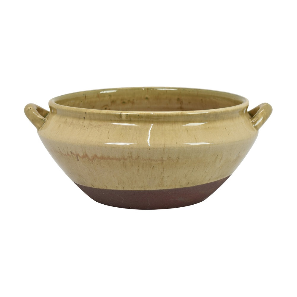Decorative Serving Bowl, 2 Tone Rustic Brown Glazed Ceramic, 11 Inch