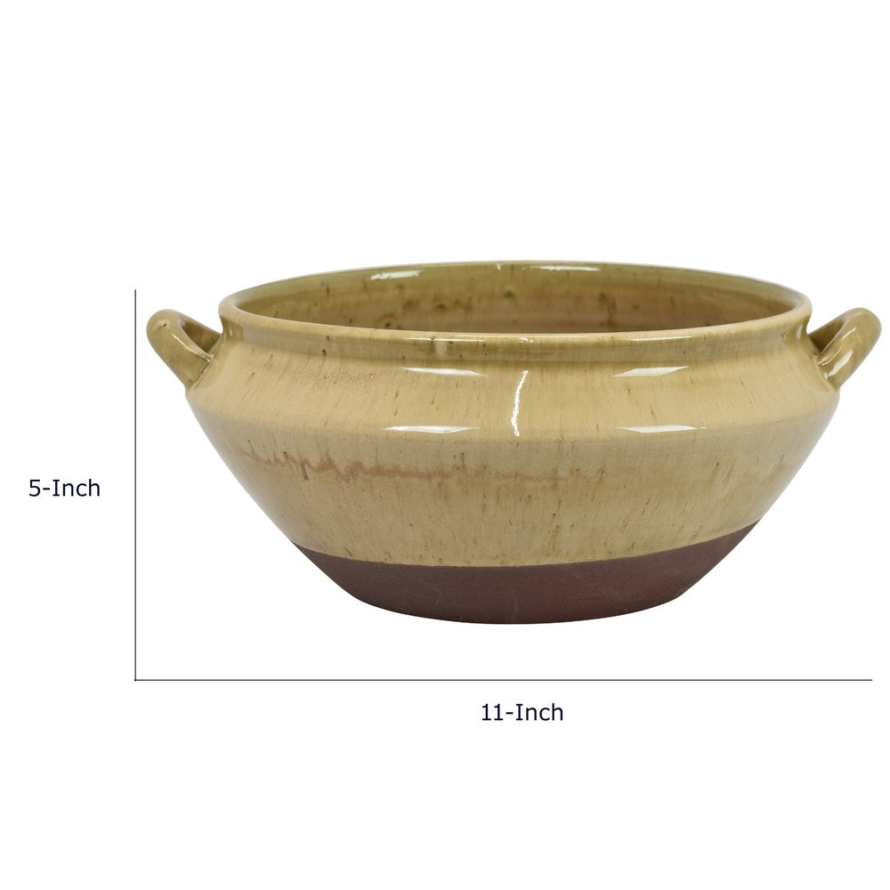Decorative Serving Bowl, 2 Tone Rustic Brown Glazed Ceramic, 11 Inch