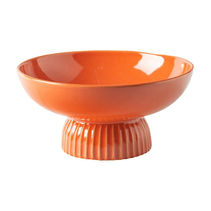 Ribbed Pedestal Fruit Bowl, Wide Basin, Glazed Orange Ceramic 11 Inch