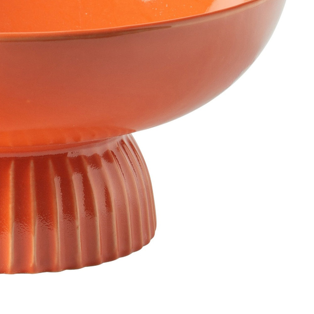 Ribbed Pedestal Fruit Bowl, Wide Basin, Glazed Orange Ceramic 11 Inch