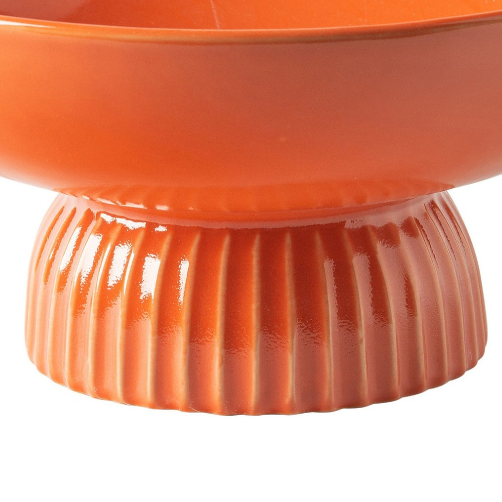 Ribbed Pedestal Fruit Bowl, Wide Basin, Glazed Orange Ceramic 11 Inch
