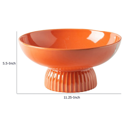 Ribbed Pedestal Fruit Bowl, Wide Basin, Glazed Orange Ceramic 11 Inch