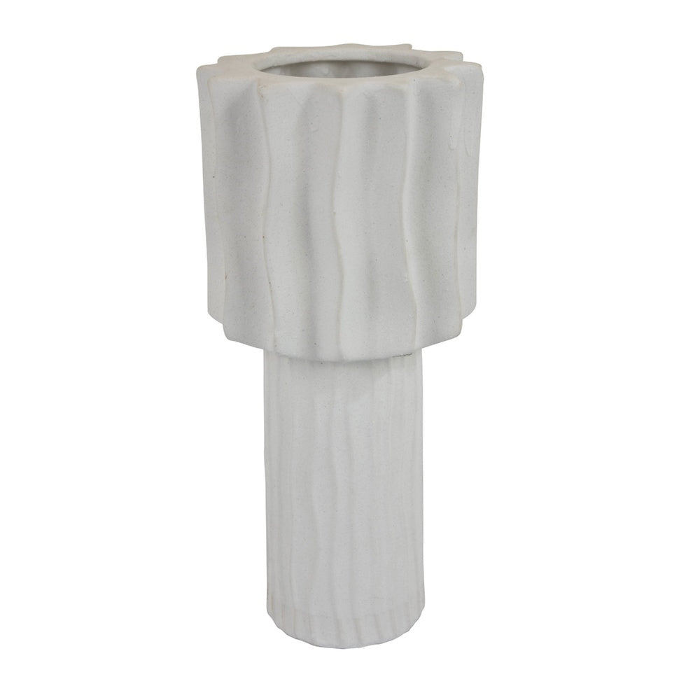 Asmi Decorative Vase, 2-Tier Design, Wavy Ribbed White Ceramic 14 Inch