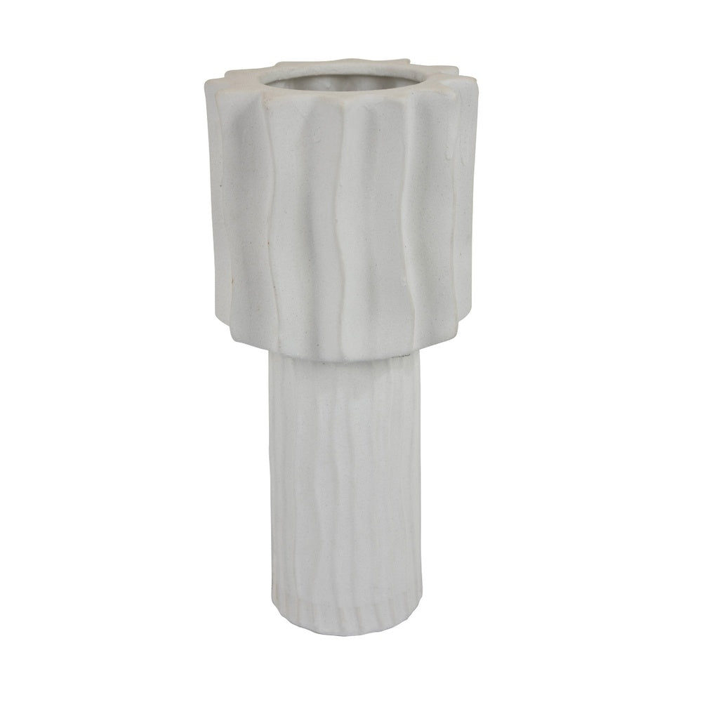 Asmi Decorative Vase, 2-Tier Design, Wavy Ribbed White Ceramic 14 Inch