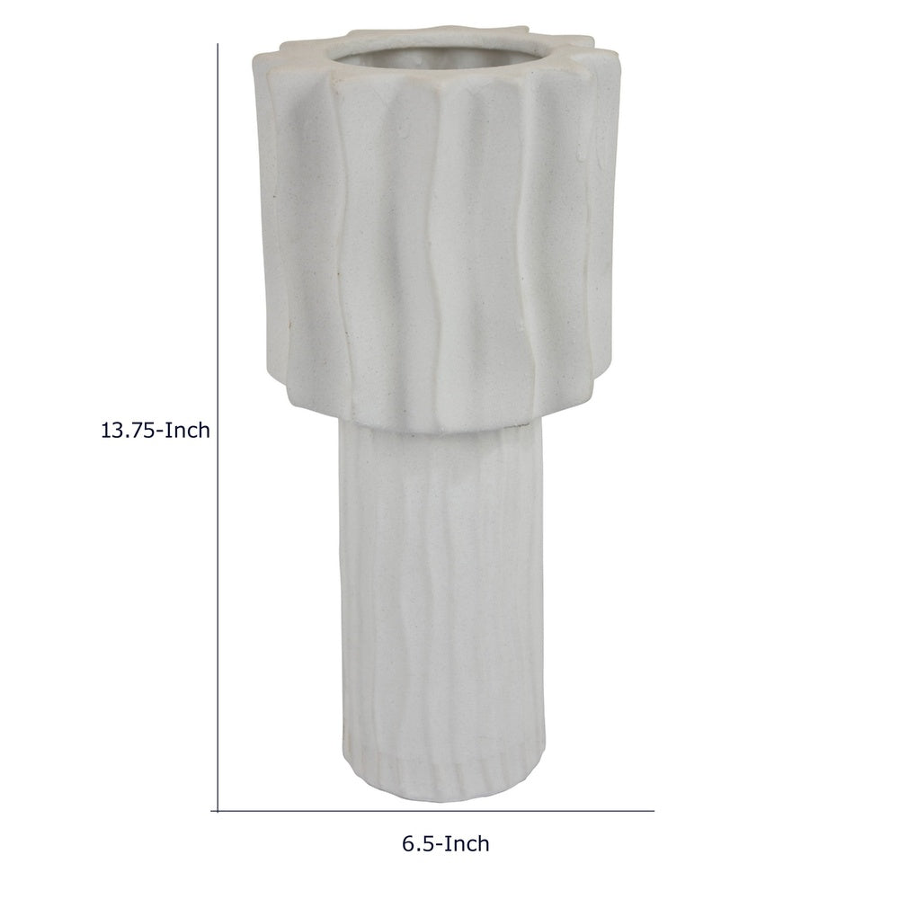 Asmi Decorative Vase, 2-Tier Design, Wavy Ribbed White Ceramic 14 Inch