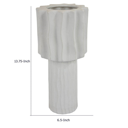 Asmi Decorative Vase, 2-Tier Design, Wavy Ribbed White Ceramic 14 Inch