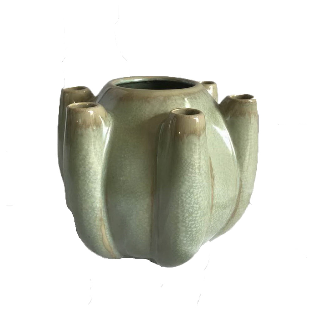 Tulipiere Vase, Crackled Texture, Sage Green and Brown Ceramic 9 Inch