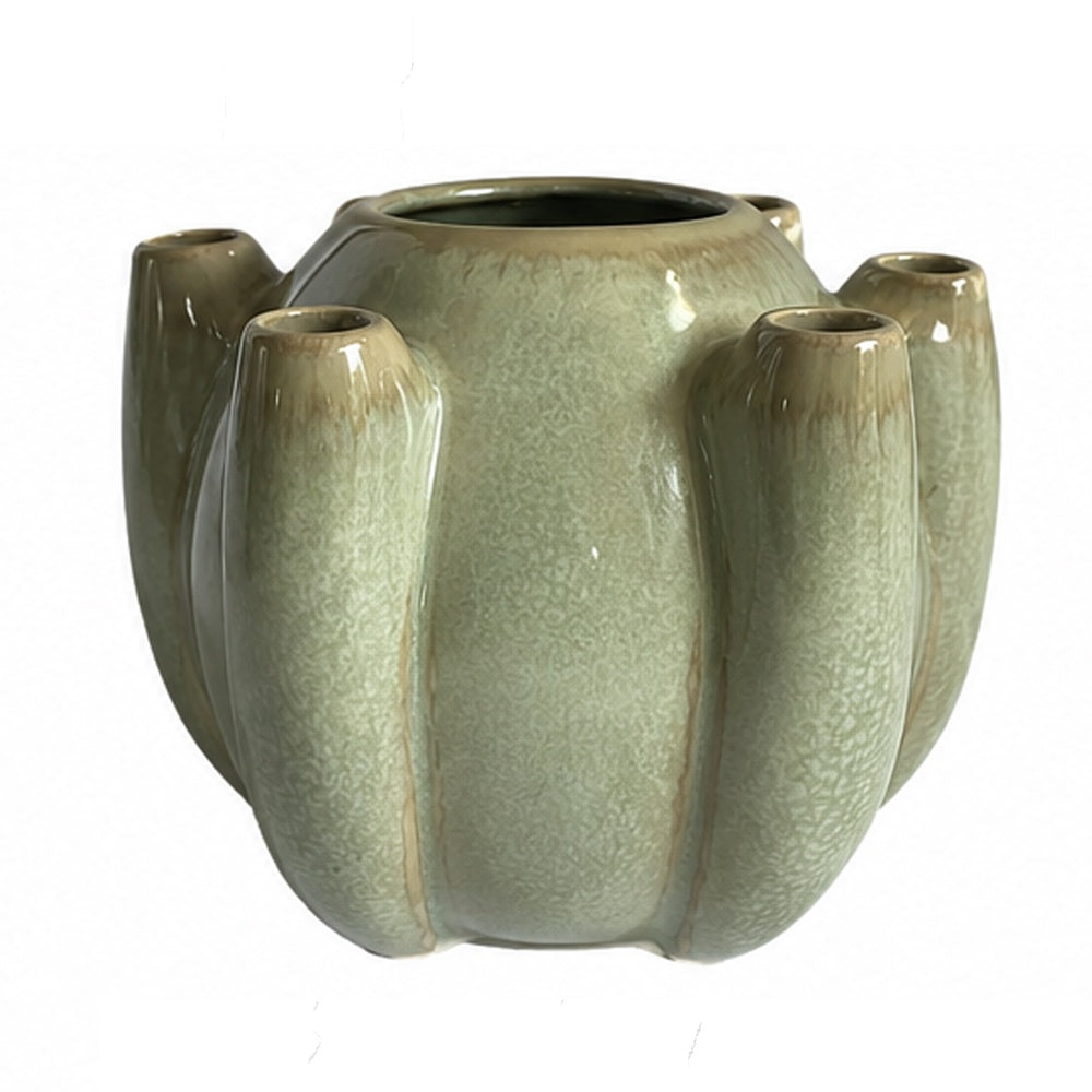 Tulipiere Vase, Crackled Texture, Sage Green and Brown Ceramic 9 Inch