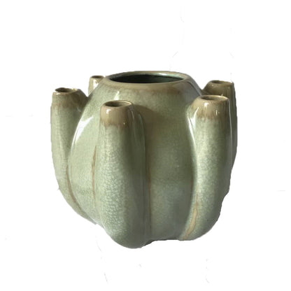 Tulipiere Vase, Crackled Texture, Sage Green and Brown Ceramic 9 Inch