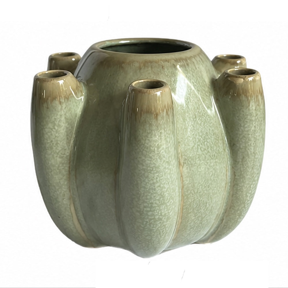 Tulipiere Vase, Crackled Texture, Sage Green and Brown Ceramic 9 Inch