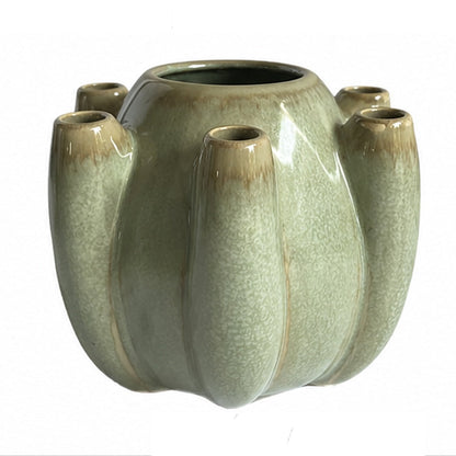 Tulipiere Vase, Crackled Texture, Sage Green and Brown Ceramic 9 Inch