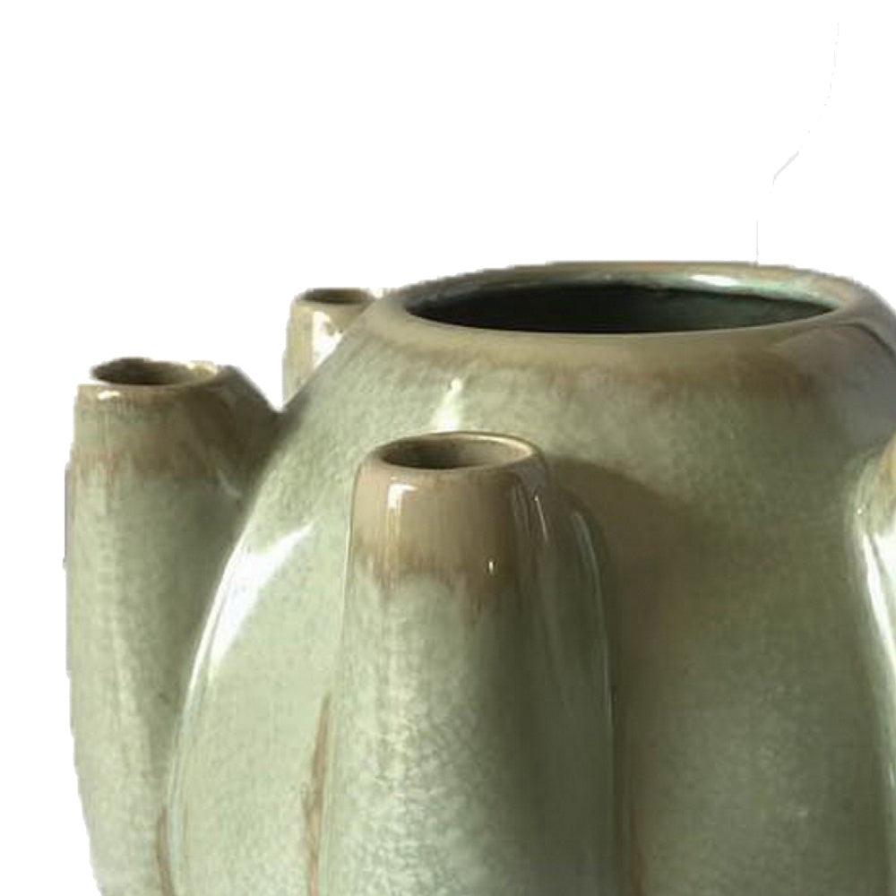 Tulipiere Vase, Crackled Texture, Sage Green and Brown Ceramic 9 Inch