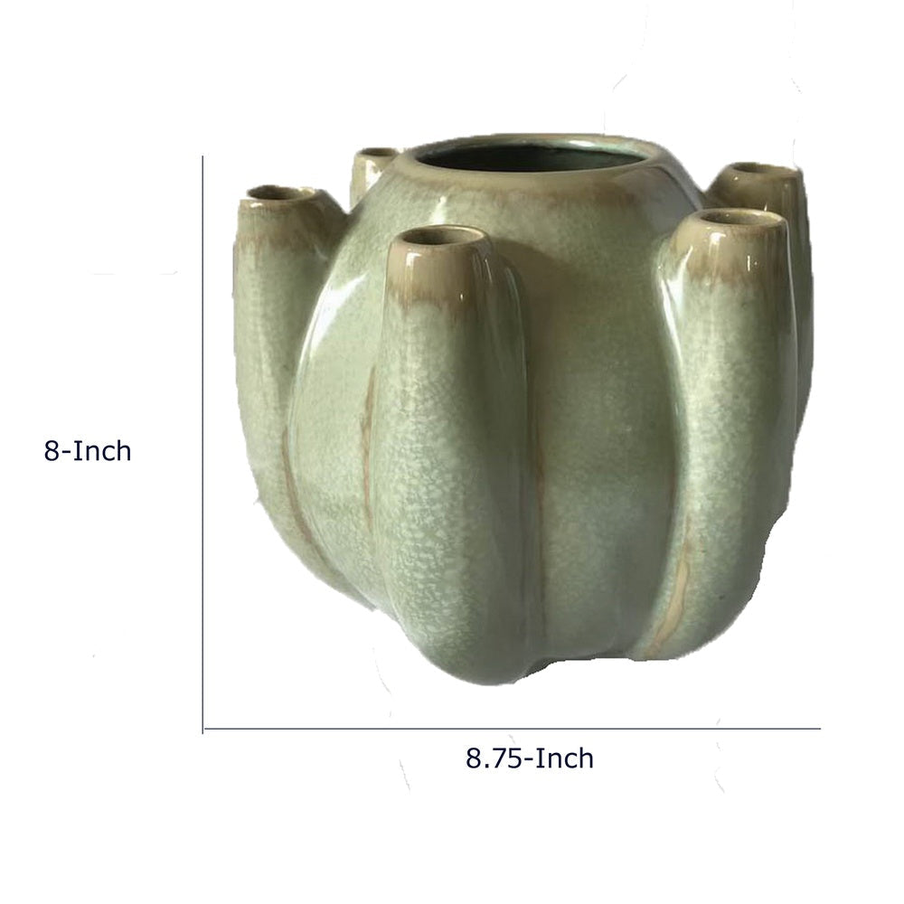 Tulipiere Vase, Crackled Texture, Sage Green and Brown Ceramic 9 Inch