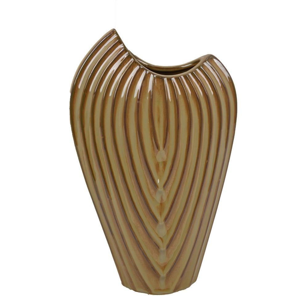 Kathy Decorative Vase, Asymmetrical Rim, Ribbed Brown Ceramic 15 Inch