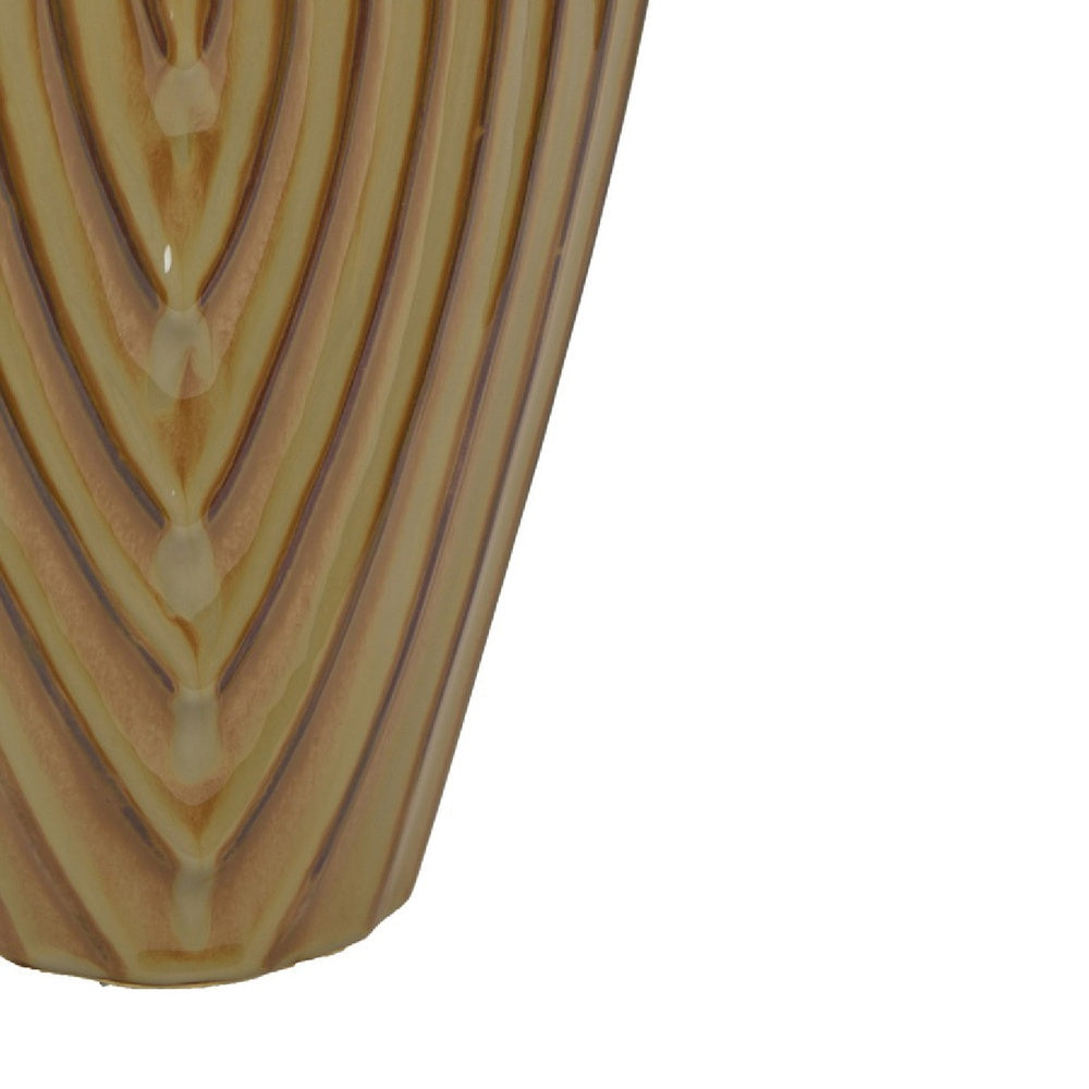 Kathy Decorative Vase, Asymmetrical Rim, Ribbed Brown Ceramic 15 Inch