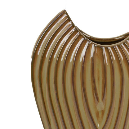 Kathy Decorative Vase, Asymmetrical Rim, Ribbed Brown Ceramic 15 Inch